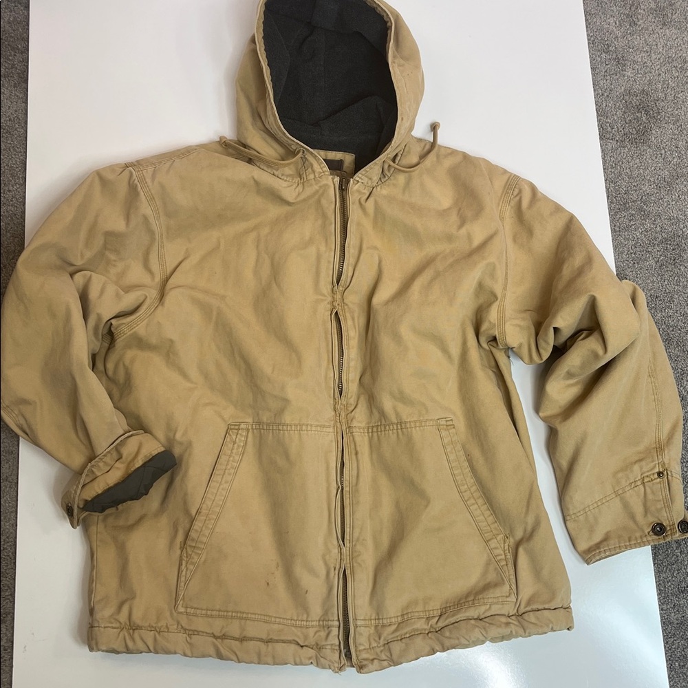 Vintage Old Navy Jacket Canvas Fleece Lined Hood Tan Zip Up Size XL Y2K